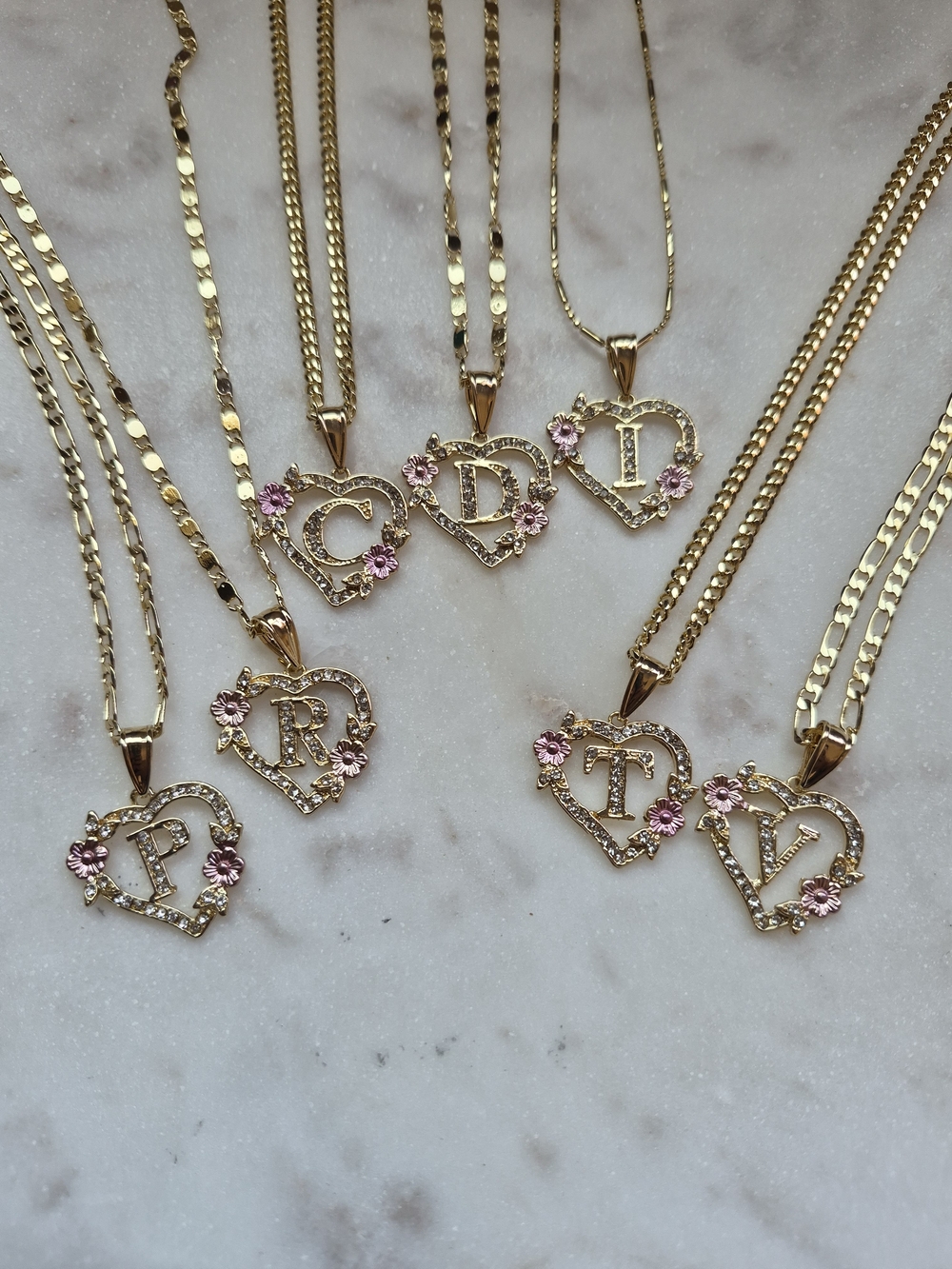 Gold Plated Heart Initial Necklace with Pink Flowers